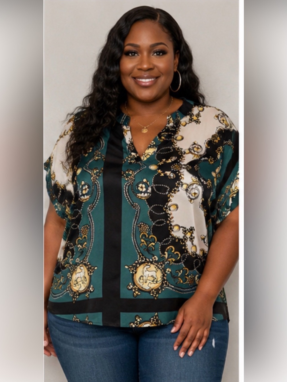 SHEIN Plus Size Green, Black & White Printed Women's Blouse